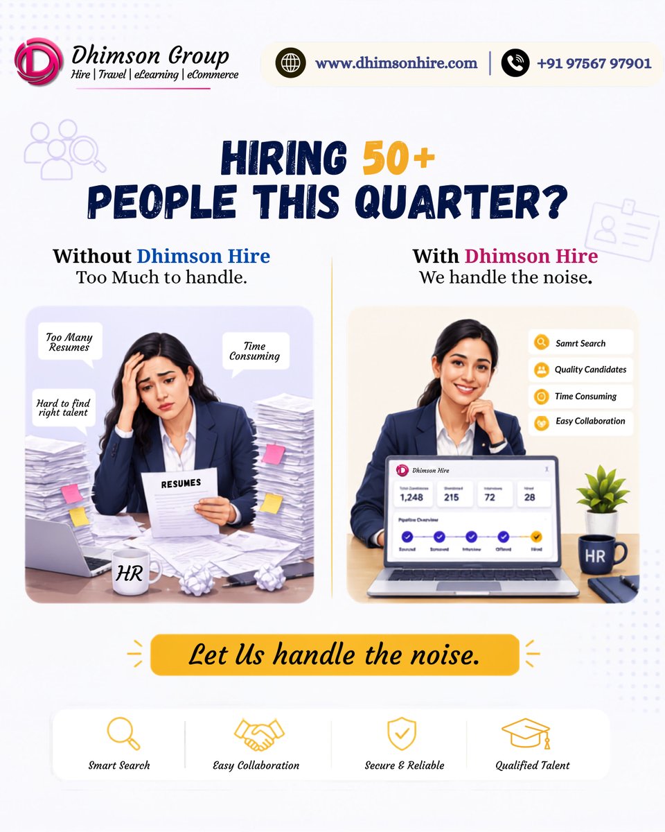 Dhimson_Hire's tweet photo. Left pic or right pic — which HR are you? Because one stack of resumes shouldn't cost you your sanity.
Switch to Dhimson Hire and take back your time.
🌐 https://t.co/qUQsJXG2NN | +91 9756797901
#HRLife #RecruitmentMadeEasy #DhimsonHire #HiringGoals #WorkSmarter #DhimsonHire https://t.co/I8m6BRG9JO