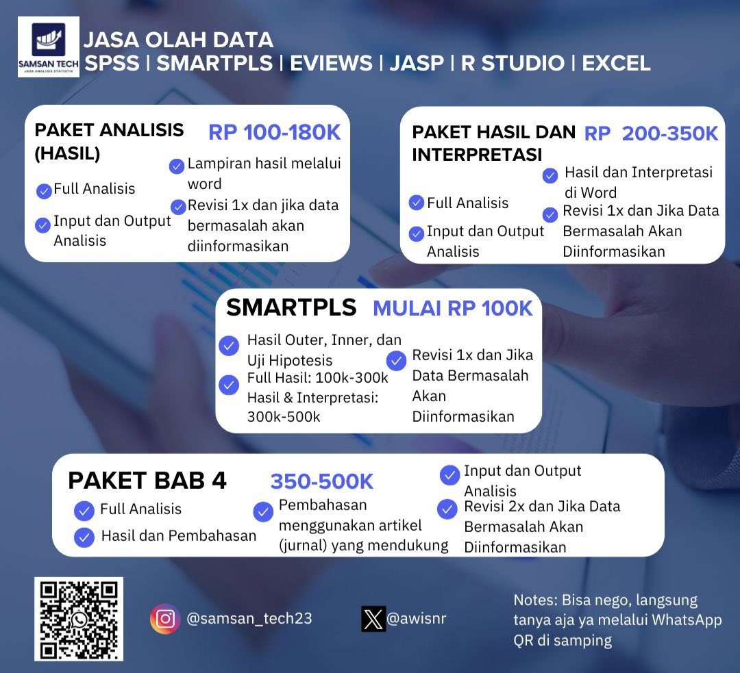 awisnr's tweet photo. Olah Data Skripsi/Tesis/Disertasi?
SPSS | SmartPLS | Eviews | JASP | JAMOVI
Regresi, SEM-PLS, Bab 4… Semua Beres!

📲 WA: https://t.co/m9Irc7vT1L
Fast respon • Sampai paham!

 #jokitugas #Zonauang #SPSS #SmartPLS #SEMPLS #Statistika #Kuantitatif #zonatugas #excel #Jamovi https://t.co/zozMog0F4e