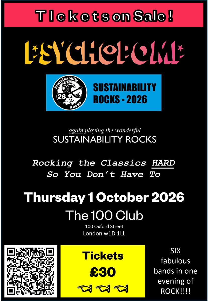 DominicSelwood's tweet photo. It's coming home! ROCK is coming home! Psychopomp is playing the awesome 100 Club again for the incredible Sustainability Rocks battle of the bands that raises tens of thousands of pounds for charity at each year's unmissable gig! https://t.co/uTHyLTVMUP