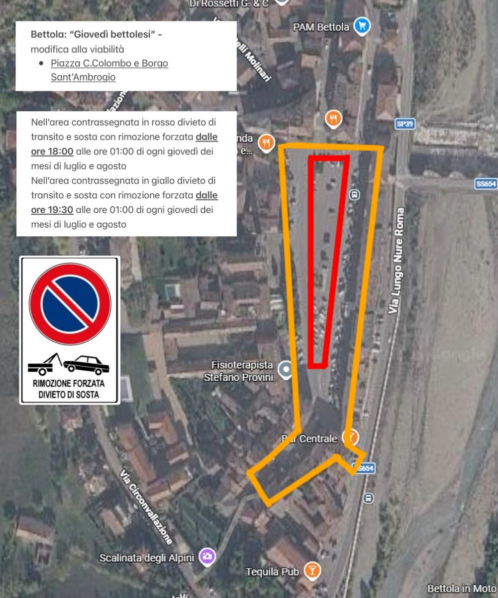 PL_AltaValNure's tweet photo. Bettola, Piazza C. Colombo: a partire da questa sera (02/07/2026) per tutti i giovedì di luglio e agosto divieto di transito e sosta con rimozione forzata dalle ore 18:00 e dalle ore 19:30, come indicato https://t.co/U8EbxeBqBD