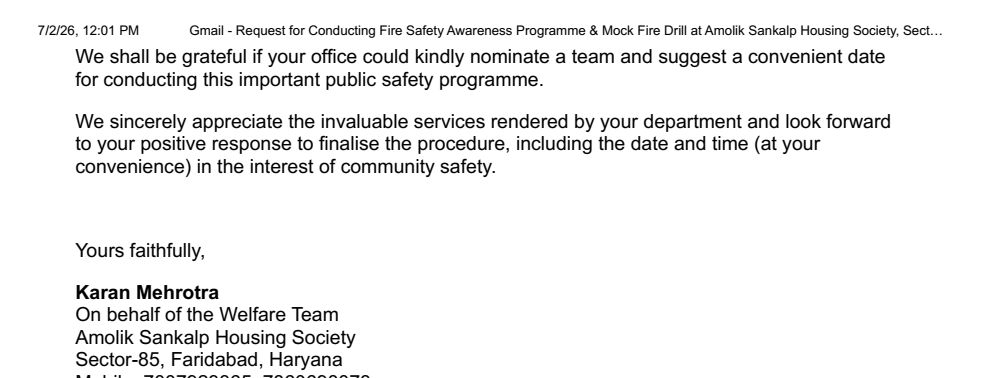 KaranMehrotra23's tweet photo. @DGFSCDHG @DC_Faridabad @cmohry @DiprHaryana @MoHUA_India A request was emailed on 30 June to concerns for conducting a Fire Safety Awareness Prog &amp; Mock Fire Drill at Amolik Sankalp Sec-85 Faridabad. We r still awaiting a response
Kindly support this community safety initiative. https://t.co/PRHOoJ4aEK