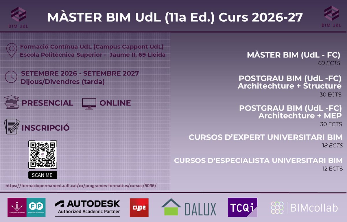 EPS_UdL's tweet photo. Obert el període de matrícula al Programa Formatiu Màster #BIM de la @UdL_info. Un programa d'alta capacitació professional i formació tècnica avançada en competències i capacitats professionals del sector #AEC (Arquitectura, Enginyeria i  Construcció) https://t.co/tfascOiOAK https://t.co/OxmXmZLi8K