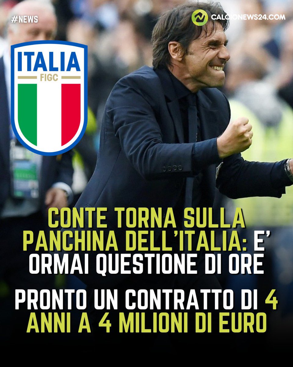 CalcioNews24's tweet photo. 🇮🇹 Clamoroso azzurro: secondo Gazzetta Antonio #Conte è a un passo dal ritorno sulla panchina della Nazionale! Dopo l’eliminazione contro la Bosnia, la nuova FIGC di Giovanni Malagò ha scelto l’uomo della rinascita. Per il tecnico è pronto un contratto di quattro anni 🔄🔥 https://t.co/kjZqLk6m41