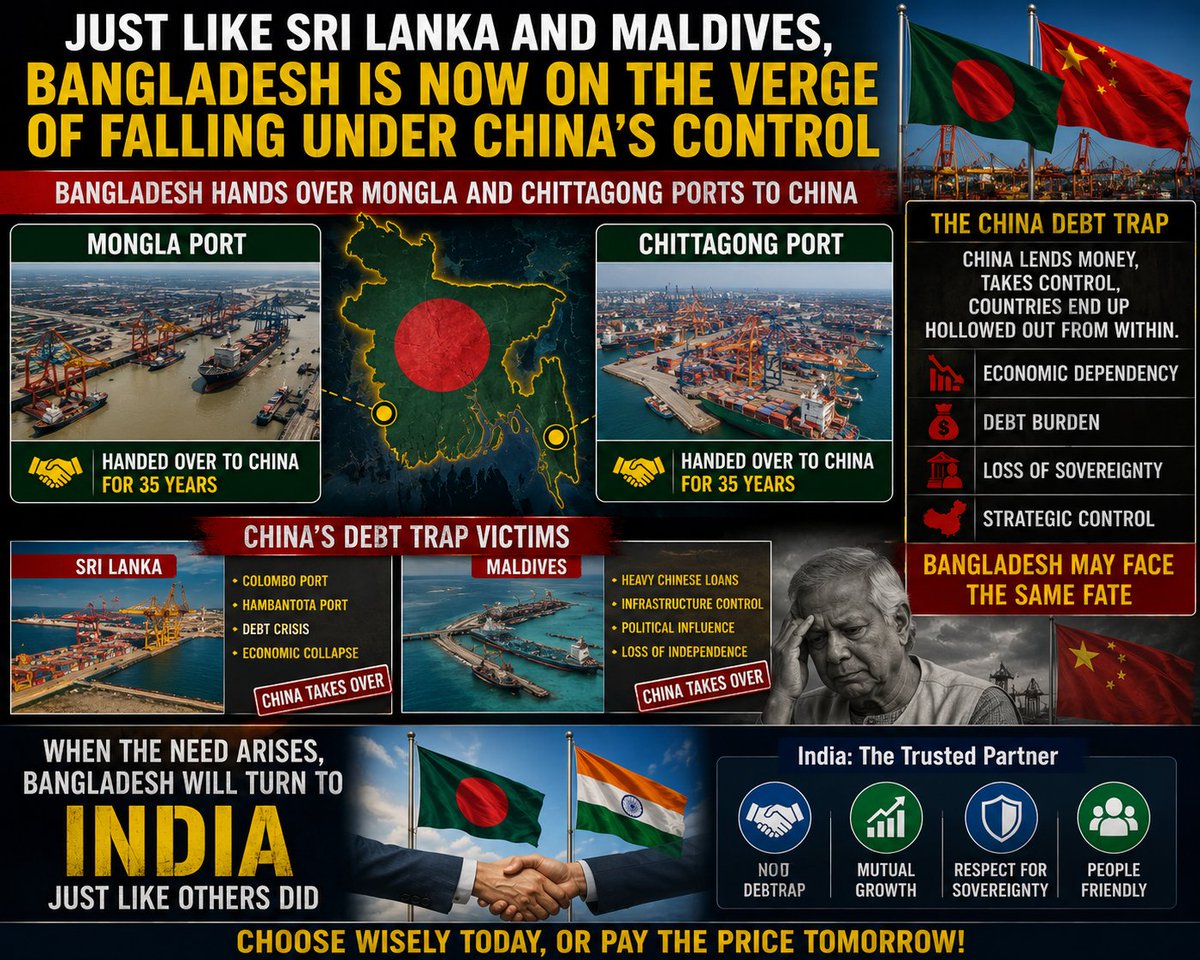 mishrayash17's tweet photo. Like Lanka & Maldives,Bangladesh is on verge of falling under China's control.Bdesh handed Mongla & Chittagong ports to China.But China drains resources of country it gives money.Bdesh'll come to India.
#BangladeshChina #MonglaPort #StringOfPearls #ChinaDebtTrap #IndiaBangladesh https://t.co/XLpWPWTfq0