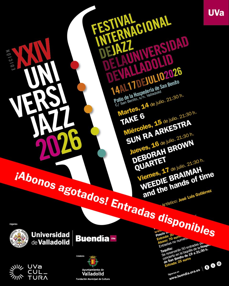 centrobuendia's tweet photo. 🎷 #UNIVERSIJAZZ 2026 · Abonos agotados

Los abonos para el Festival Internacional de Jazz de la @UVa_es se han agotado en menos de 24 horas.

Gracias por acompañarnos en una edición que, sin duda, va a ser muy especial.

🎟️ Entradas de día en https://t.co/Xphh3YjqG1 #Valladolid https://t.co/qIlQvmznBd