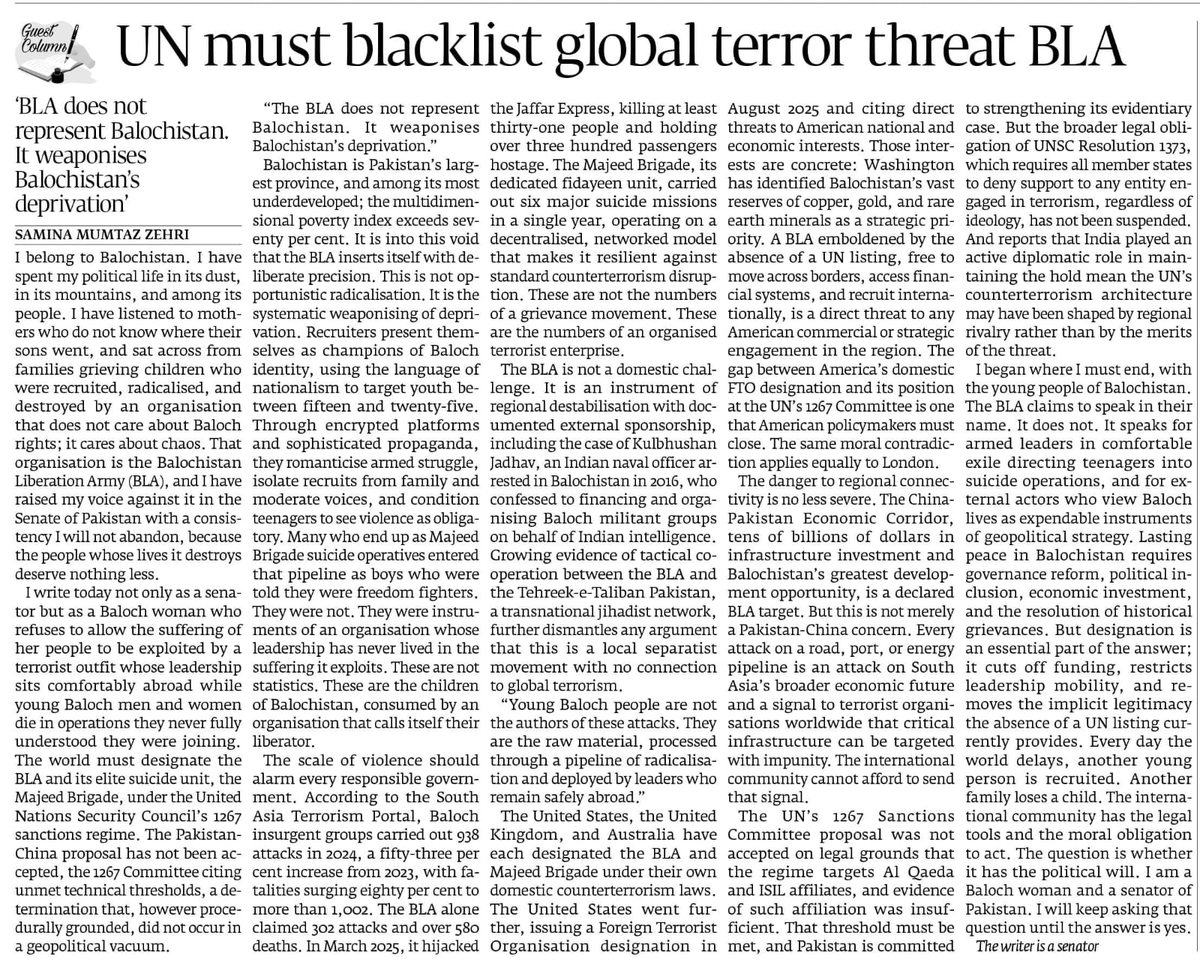 GulzaadBaloch's tweet photo. The article, titled "UN must blacklist global terror threat BLA" by Senator Samina Mumtaz Zehri, was published on June 30, 2026 in Express tribune
#ExpressTribune
#Opinion
#CounterTerrorism
#UnitedNations
#UNSC
#GlobalSecurity https://t.co/EM7TflGU0i