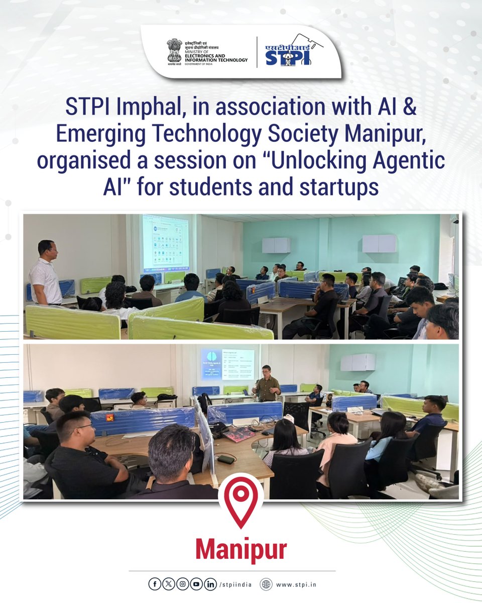 stpiindia's tweet photo. STPI Imphal, in association with AI & Emerging Technology Society Manipur, organised a exclusive session on “Unlocking Agentic AI” at STPI OctaNE CoE, Imphal. 

Students and startups actively participated in the insightful discussion, gaining exposure to cutting‑edge AI concepts, practical applications and future opportunities in the emerging tech landscape.⚙️💡

#STPI #STPIINDIA #Imphal #Manipur #InnovationEcosystem #StartupIndia #Entrepreneurship #TechInnovation #StudentEngagement #IndustrialVisit #Startups #FutureInnovators #SkillDevelopment #DigitalIndia #TechCommunity #InnovationDriven #IndiaTech

@GoI_MeitY @AshwiniVaishnaw @JitinPrasada @SecretaryMEITY @arvindtw @_DigitalIndia @NeGD_GoI @EduMinOfIndia @startupindia @ImphalStpi @STPI_OctaNE