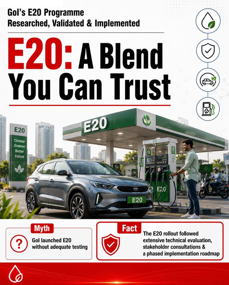 Roadandsafety's tweet photo. E20 को लेकर अक्सर कहा जाता है कि इसे बिना पर्याप्त तैयारी के लागू कर दिया गया

लेकिन सच यह है कि E20 को लागू करने से पहले व्यापक तकनीकी परीक्षण किए गए, विशेषज्ञों और सभी संबंधित पक्षों से चर्चा हुई, और फिर इसे चरणबद्ध तरीके से लागू किया गया https://t.co/V9l67mE38N