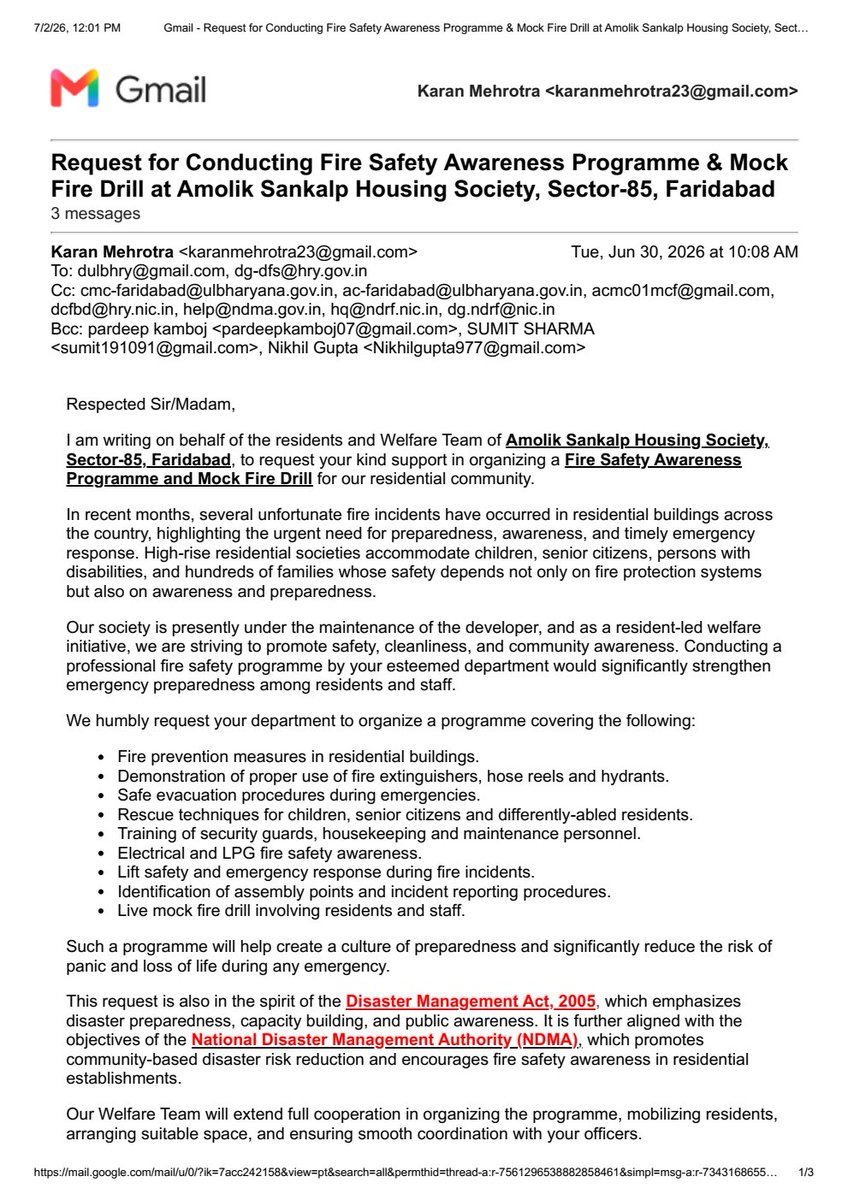 KaranMehrotra23's tweet photo. @DGFSCDHG @DC_Faridabad @cmohry @DiprHaryana @MoHUA_India A request was emailed on 30 June to concerns for conducting a Fire Safety Awareness Prog &amp; Mock Fire Drill at Amolik Sankalp Sec-85 Faridabad. We r still awaiting a response
Kindly support this community safety initiative. https://t.co/PRHOoJ4aEK