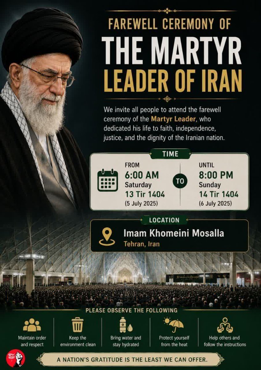zgrfur32's tweet photo. حضورِ ما در تشییع، تیری در چشمِ بدخواه است
ادایِ دین به رهبری، که همواره راهِ‌حق‌خواه است
همه با هم، یک‌صدا برایِ وداع می‌آییم
#باید_برخاست #آقای_شهید_ایران https://t.co/yaJSuymz7x