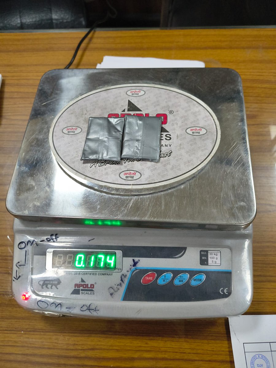 AmritsarCustoms's tweet photo. On 19.06.2026 night, a joint operation was conducted by the (DRI), Amritsar, and Customs officers at SGRDJI Airport. A passenger arriving from Sharjah by Flight No. 6E1428 was intercepted. Upon detailed examination, including X-ray scanning and personal search, a total of 174 grams of gold (gross weight) in paste form was recovered. After extraction, the net weight of gold was found to be 150.04 grams, valued at ₹22,05,588/-.
