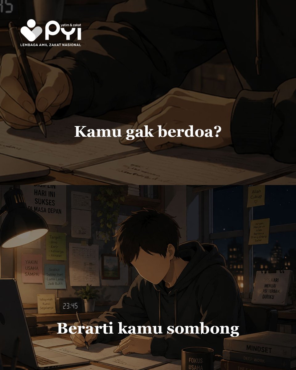 PYI_Indonesia's tweet photo. Berdoa itu bukan tanda lemah, tapi tanda tahu diri kalau kita nggak bisa apa-apa tanpa pertolongan-Nya. Jangan biarkan rasa lelah membuatmu lupa meminta petunjuk pada Pemilik Semesta. Kunci segalanya ada di tangan Allah.

#PYI #YatimDanZakat #PengingatDiri #SelfReminder #Doa # Dingin #ProductiveMuslim #MindsetMuslim