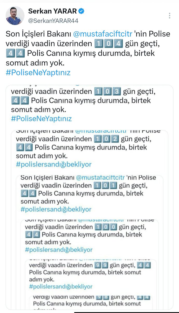 SerkanYARAR44's tweet photo. Son İçişleri Bakanı @mustafaciftcitr 'nin Polise verdiği vaadin üzerinden 1️⃣0️⃣5️⃣ gün geçti, 4️⃣4️⃣ Polis Canına kıymış durumda, birtek somut adım yok.
#PoliseNeYaptınız https://t.co/ldTGTP9mTP