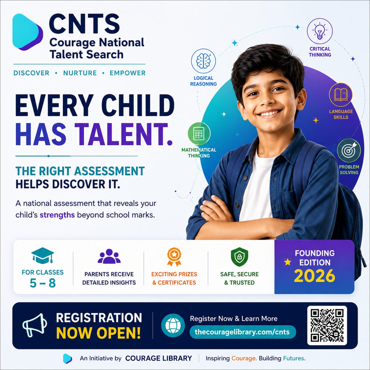 couragecnts's tweet photo. Every child has talent. The right assessment helps discover it.

CNTS is a national assessment for Classes 5–8 designed to help students discover their strengths beyond marks.

Registration is now open.
🌐 https://t.co/1TqgyAa6Cm
#CNTS #Education #TalentDiscovery #Students https://t.co/wllqu6zP1c