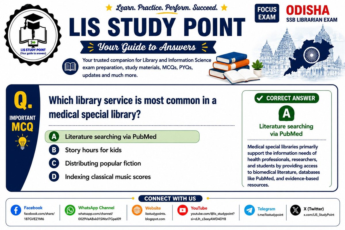 LIS_StudyPoint's tweet photo. 📚 Today's LIS MCQ | Odisha SSB Librarian Exam Preparation
🩺 Medical Library
#LISStudyPoint #LibraryScience #LISMCQ #MedicalLibrary #PubMed #SSBLibrarian #OdishaSSB #LibrarianExam #LibraryProfessional #DailyMCQ #LibraryAndInformationScience #ExamPreparation #YourGuideToAnswers https://t.co/YB8HgH4gFl