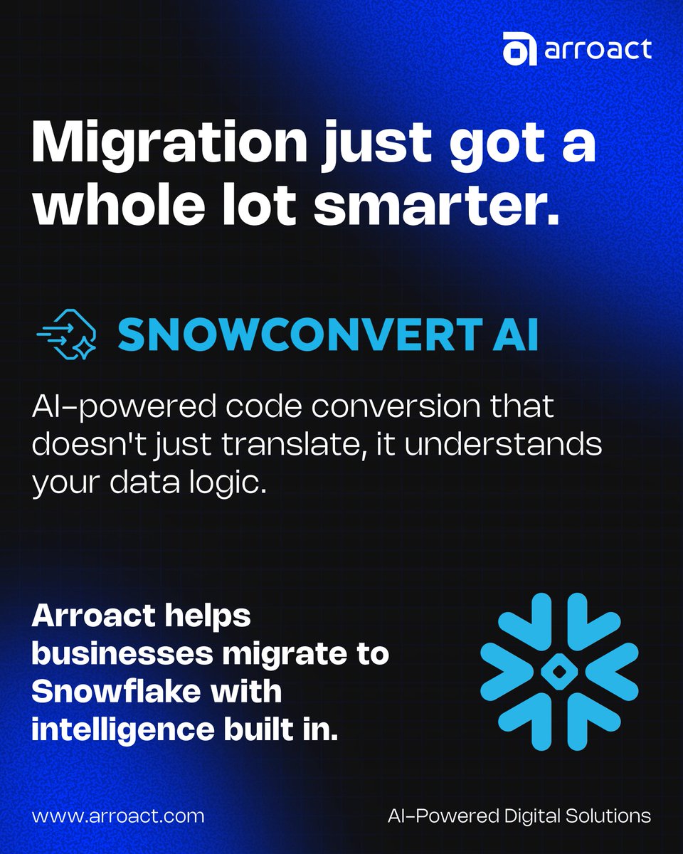 Arroact_Tech's tweet photo. SnowConvert AI takes automated migration further using AI to handle complex code patterns, edge cases, and legacy logic that traditional tools miss.

Faster conversions. Cleaner code. Fewer surprises post-migration.
Arroact helps businesses move to Snowflake smarter, not harder. https://t.co/YrzHeU2FJU