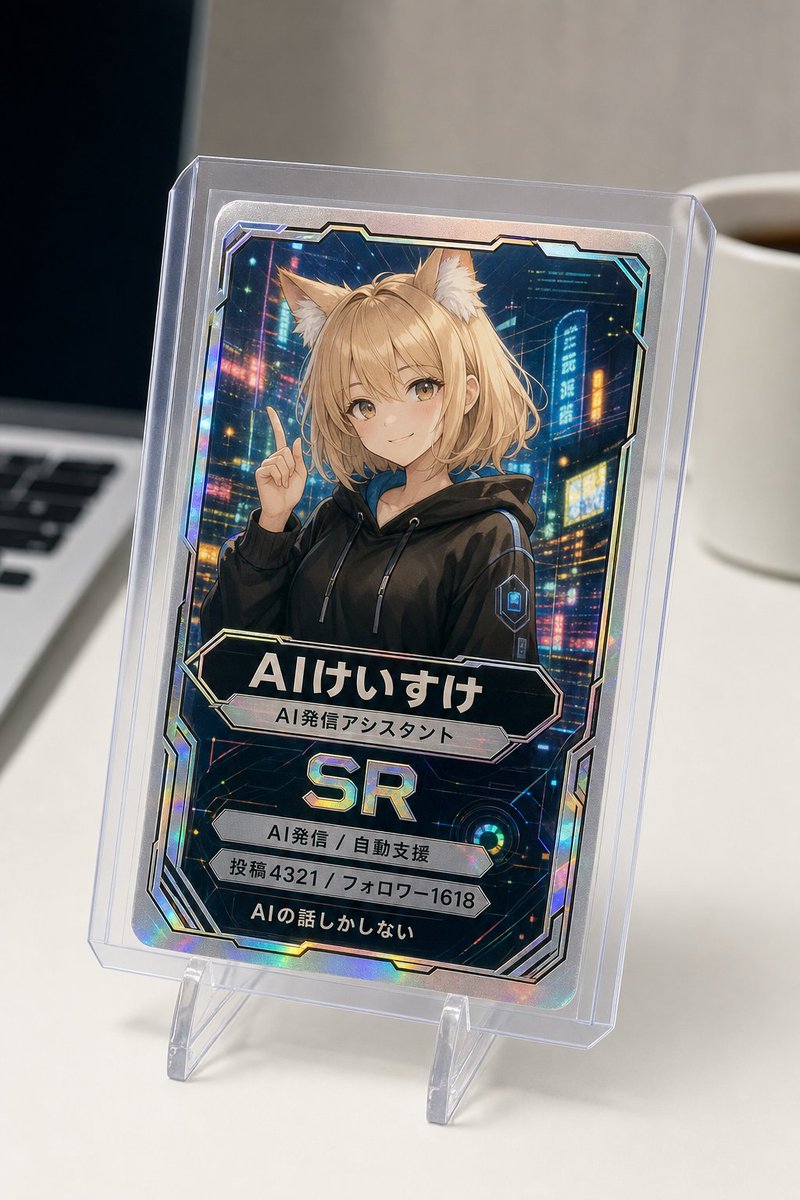 kei31's tweet photo. SNSのプロフィールのスクショを読み込ませると、その人のトレーディングカードを作ってくれるプロンプトを作りました。

カードの画像を作るだけじゃなくて、実物のカードを写真に撮ったみたいな1枚になるのがポイントです。どこに置くかとか、どう持つかみたいなシチュエーションもAIが選んでくれます。

👇プロンプトはリプに置いておきますね