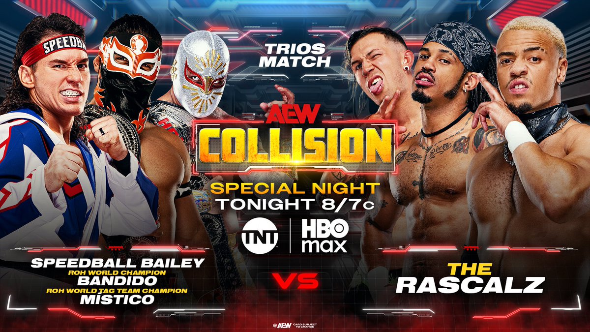 AEW's tweet photo. TONIGHT!

A MASSIVE #AEWCollision is coming your way on a Thursday night!

The 2.5 hours of action KICKS OFF at 8/7c on @TNTDrama &amp; @HBOMax, TONIGHT! https://t.co/Qpt1aFE7kD