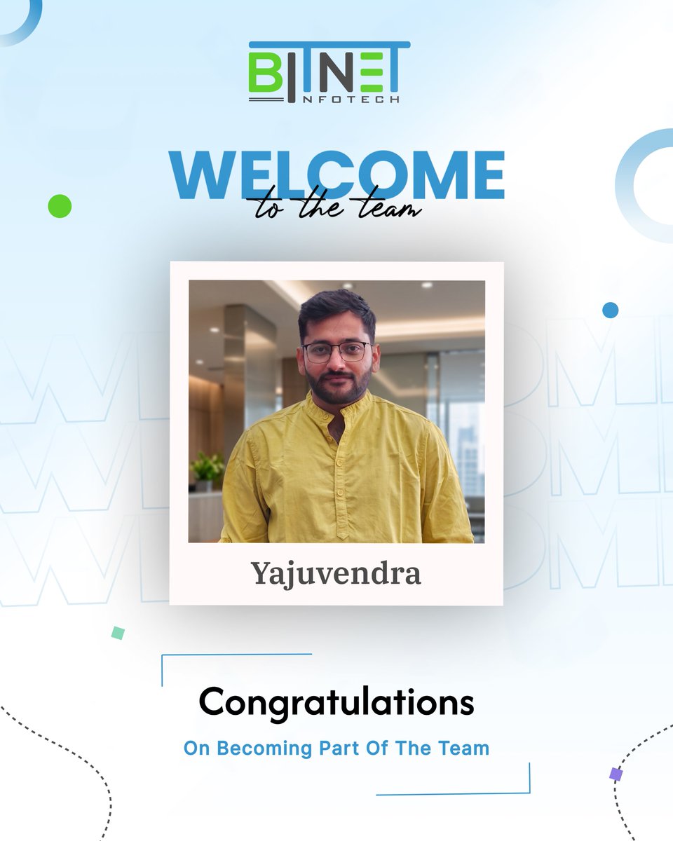 Bitnet_Infotech's tweet photo. 😎A big welcome to our newest team member, Yajuvendra!

We believe your skills and creativity will inspire new ideas and drive success. Feel free to share, collaborate, and grow with us at Bitnet Infotech.💡

#WelcomeToTheTeam #WelcomeAboard #ITLife #BitnetInfotech #TeamBitnet https://t.co/NSNLlUGOMU
