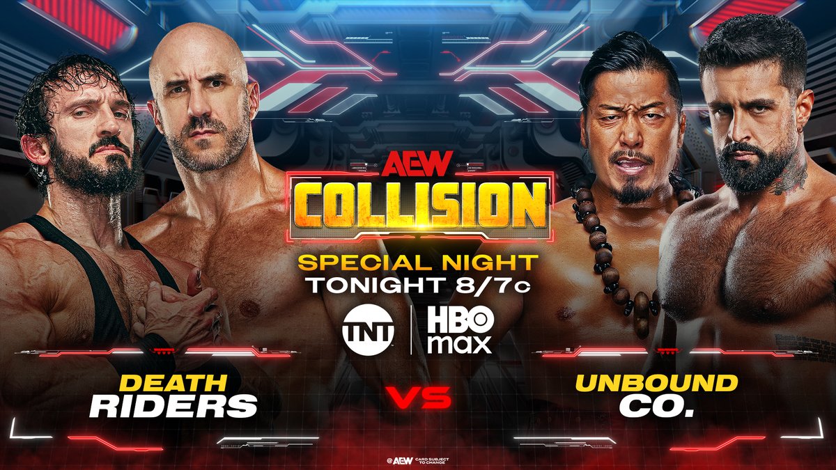 AEW's tweet photo. TONIGHT!

A MASSIVE #AEWCollision is coming your way on a Thursday night!

The 2.5 hours of action KICKS OFF at 8/7c on @TNTDrama &amp; @HBOMax, TONIGHT! https://t.co/Qpt1aFE7kD