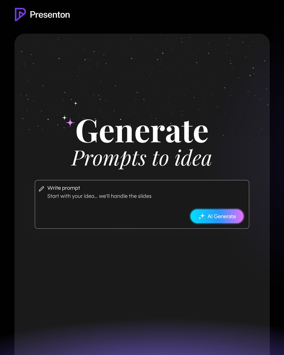 presentonai's tweet photo. Blank slide? Skip it.
Start with a prompt. Presenton turns it into an editable deck you can refine and ship.
https://t.co/x34Gs6WzJa
#Presenton #AIPresentations #DeckDesign https://t.co/zBqeuDLzSu