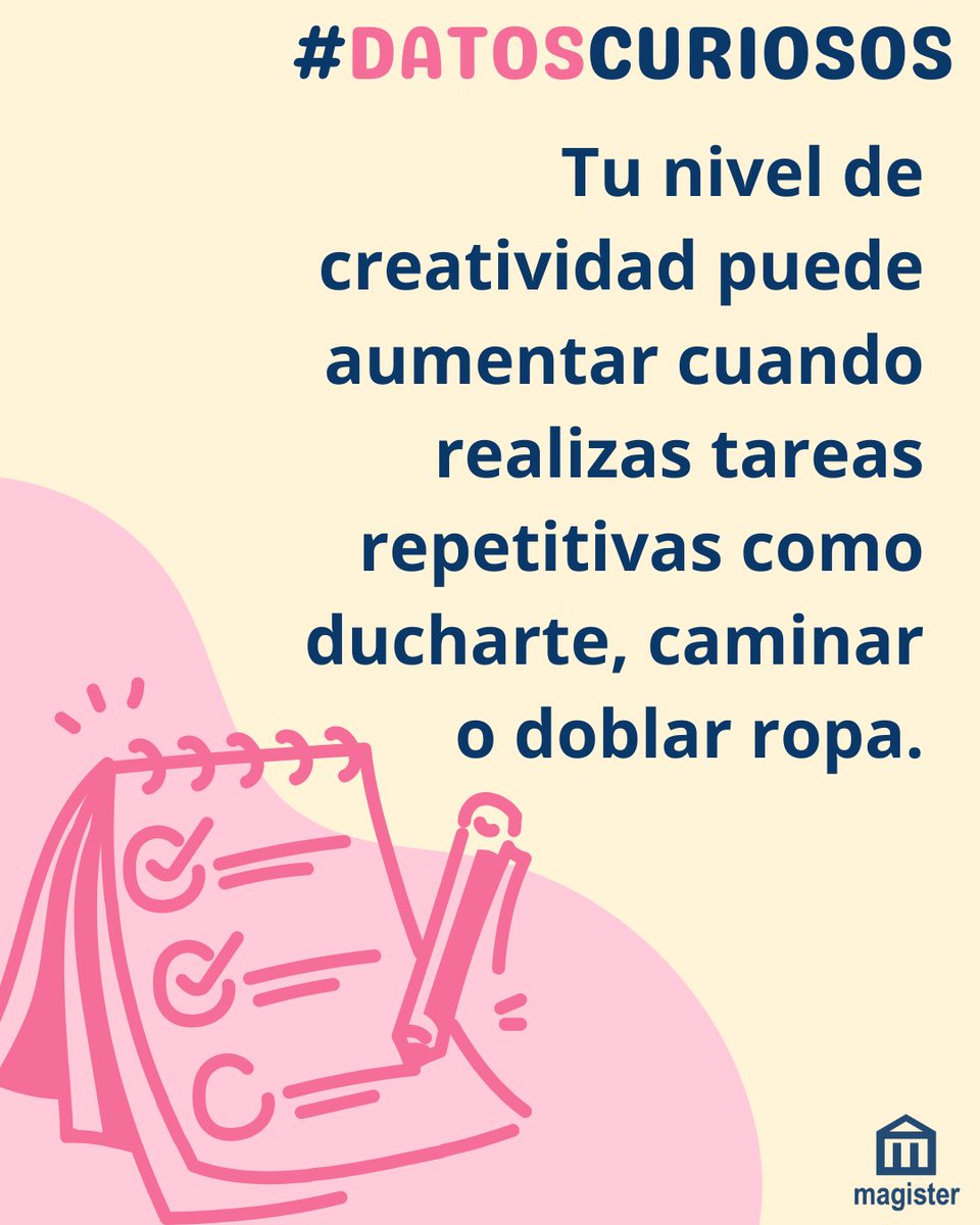 cursosmagister's tweet photo. 👉 Cuando hacemos actividades automáticas, el cerebro entra en un estado llamado “red neuronal por defecto”, relacionado con la imaginación, las ideas y las conexiones creativas. 🧠✨
💬 ¿Dónde suelen aparecerte tus mejores ideas? 👇
#datoscuriosos #magister https://t.co/EdVJYn16D7