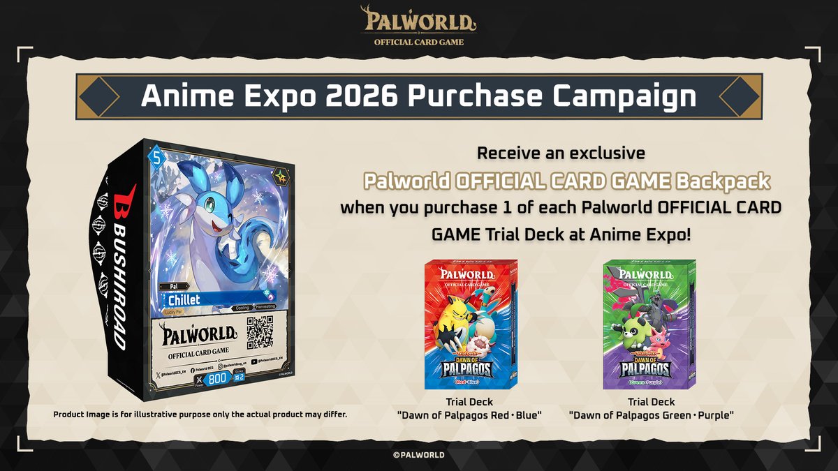 PalworldOCG_EN's tweet photo. 🎡 #BushiroadEXPO2026 in Los Angeles 🎡

Turn heads at Anime Expo 2026 with this Palworld OFFICIAL CARD GAME backpack!

Purchase 1 of each Dawn of Palpagos Trial Deck to get your own backpack from Jul. 2 - Jul. 5!

Find out more here: https://t.co/sq1wcyStUL

#Palworldcardgame #AX2026 #TCG