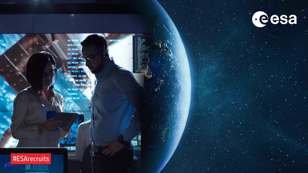 Split-screen recruitment image. On the left, two mission control staff wearing headsets and glasses stand in a dimly lit operations room, looking down at a tablet while large screens behind them show Earth and spacecraft imagery. On the right, a detailed view of the sunlit edge of Earth curves against a dark, star-filled space background. The white ESA logo appears in the upper right corner, and a red banner with the hashtag “#ESArecruits” sits in the lower left corner.