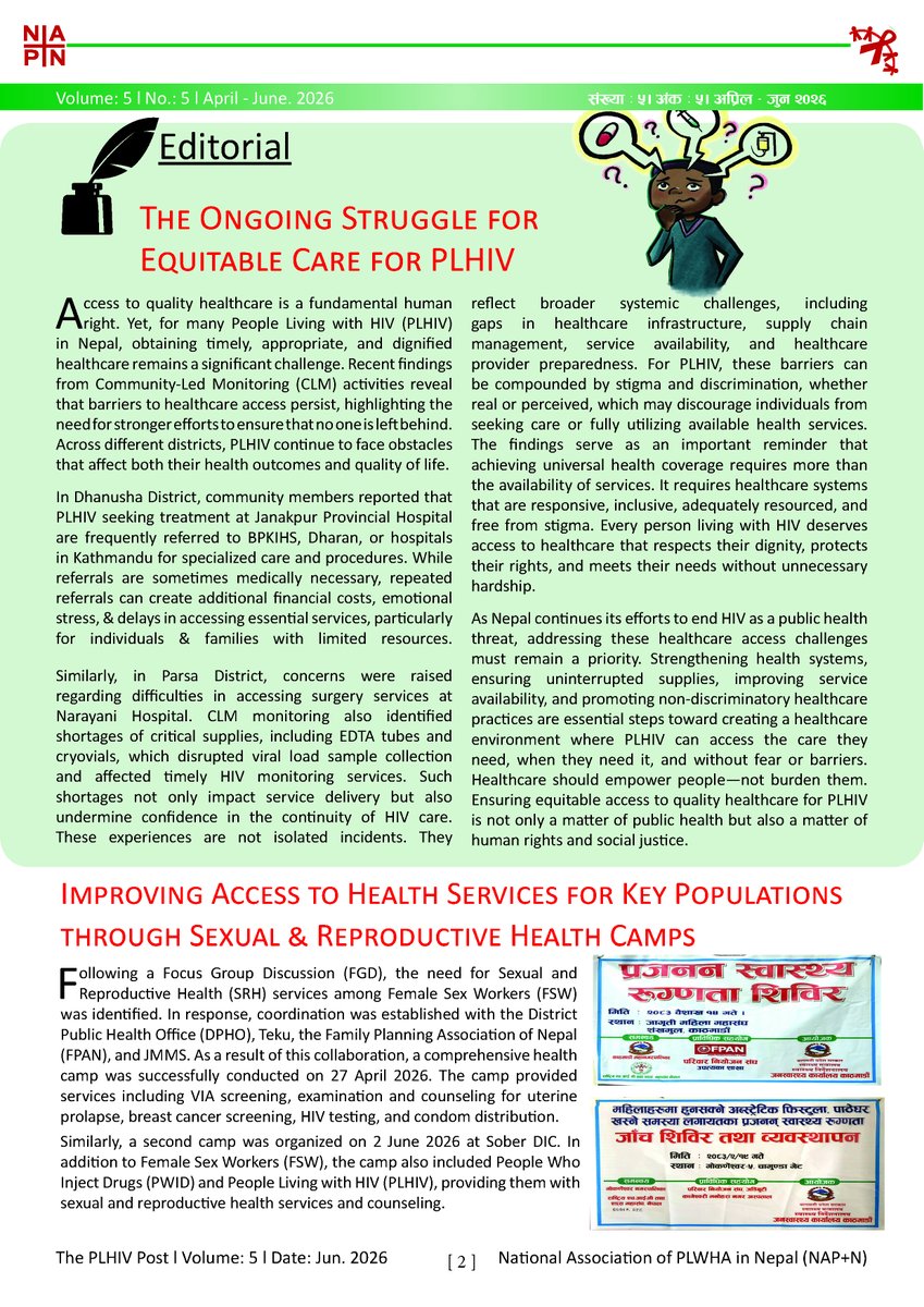 napplusn's tweet photo. 📢 The PLHIV Post – Volume 5 is now out!

This edition spotlights:
🗣️ Community-led advocacy
🛡️ Condom availability
🚨 #NoCondomNoProgram
Read the latest issue and share your feedback to strengthen Nepal's HIV response. #PLHIVPost #HIVAdvocacy #HIVPrevention #EndAIDS #NAPN https://t.co/8vq0soyXpF