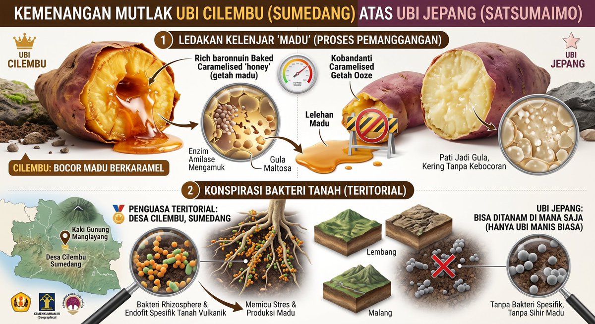 faizcazika's tweet photo. KEMENANGAN MUTLAK SANG PENGUASA SUMEDANG ATAS UBI JEPANG🚨

Jepang boleh sombong dengan Satsumaimo mereka, tapi di hadapan Ubi Cilembu, mereka harus bertekuk lutut. Mari kita visum kenapa Ubi Cilembu menang telak secara kimia dan biologi🤣🤣

1. Ledakan Kelenjar "Madu" 

Ubi Jepang emang manis dan creamy, tapi batas kemampuannya hanya sampai tekstur aja. Sementara itu, saat Ubi Cilembu dieksekusi di dalam oven (suhu stabil), enzim amilasenya bekerja brutal merombak pati jadi gula maltosa.

Hasilnya? Ubi Cilembu sampai "bocor" ngeluarin getah lengket berkaramel yang mirip madu. Ubi Jepang nggak punya mekanisme pembocoran getah semanis ini. 

2. Konspirasi Bakteri Tanah

Ubi Jepang bisa kamu tanam di Lembang atau Malang dan rasanya tetap Ubi Jepang.
TAPI, Ubi Cilembu adalah penguasa teritorial. Jika bibit asli Cilembu kamu tanam di luar Desa Cilembu, Sumedang, dia HANYA akan jadi ubi manis biasa. "Madu" aslinya nggak akan pernah keluar😱

Mengapa sihir madu itu hanya ada di Desa Cilembu?
Menurut riset biologi dari Universitas Padjadjaran (UNPAD) dan paten Indikasi Geografis (IG) dari Kemenkumham RI, dalang di balik lelehan madu tersebut adalah interaksi mutlak antara bibit ubi dengan bakteri rhizosphere dan endofit spesifik yang HANYA hidup di tanah vulkanik kaki Gunung Manglayang, Sumedang.🤯

Tanah lain nggak punya sindikat bakteri ini looo. Bakteri inilah yang memicu stres alami pada umbi untuk memproduksi getah madu saat dipanggang. 

Jadi, Ubi Cilembu bukan sekadar varietas, ini adalah mahakarya mikrobiologi tanah nusantara yang tidak bisa dibajak oleh negara mana pun.

Coba rate antara 1-100 berapa nilai yang bisa kamu kasih ke Ubi Cilembu ini?? Hahahah