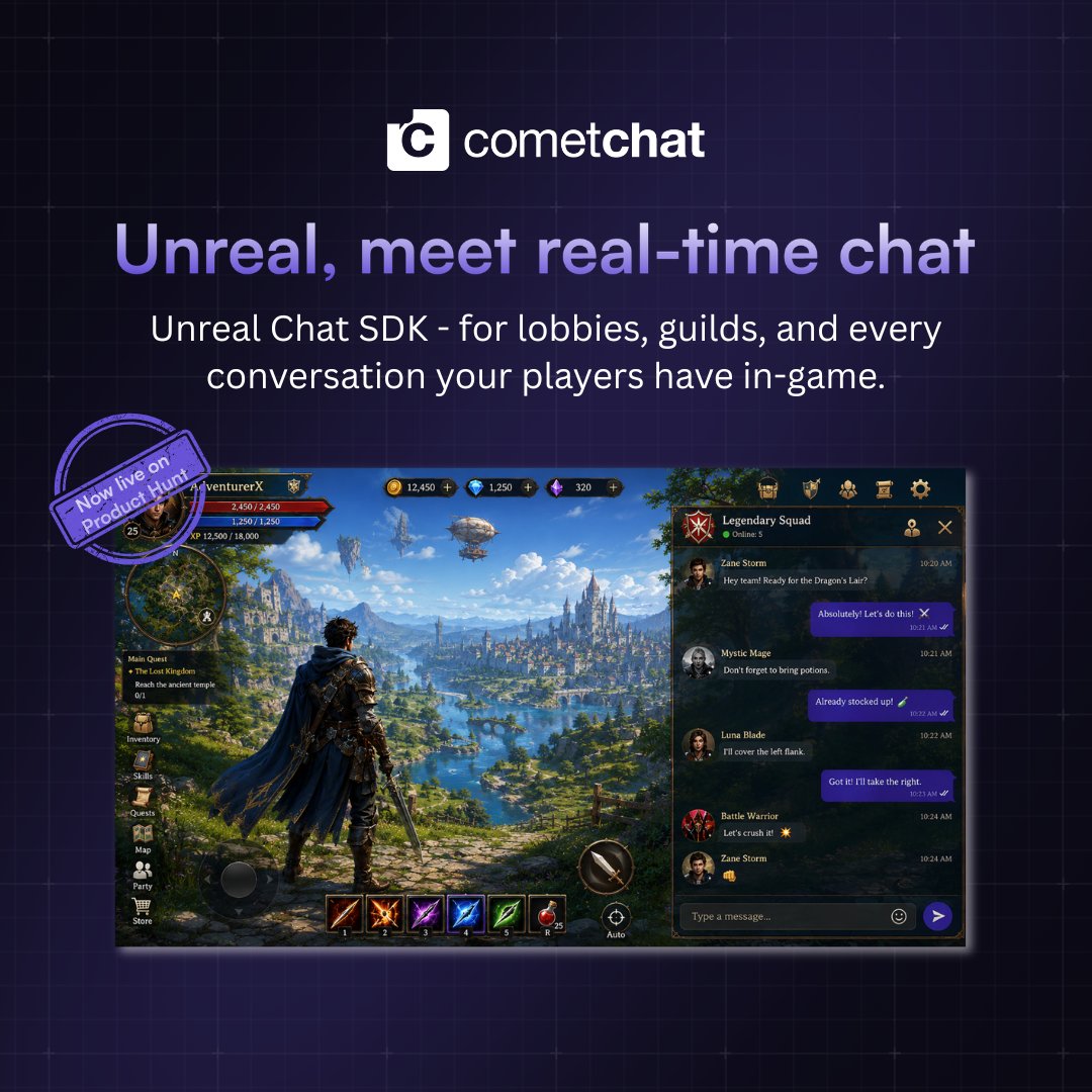 CometChat's tweet photo. Your players are mid-raid, alt-tabbing to Discord to say something. Not for long. 
CometChat's Unreal SDK puts real-time chat inside the game. 🎮

On Product Hunt today →  https://t.co/jw94sqnMrZ https://t.co/h7RFrVHV5G
