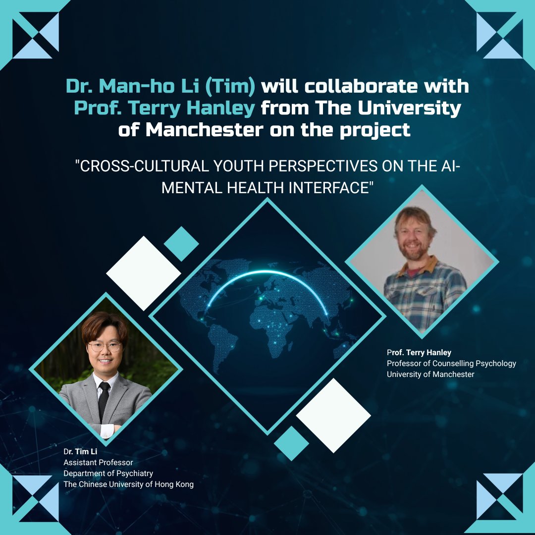 PCICuhk's tweet photo. Dr. Man-ho Li (Tim) @Tim_Hoho  will partner with Prof. Terry Hanley on the project “Cross-Cultural Youth Perspectives on the AI-Mental Health Interface”, commencing June 2026.

https://t.co/lcSIUAwIJw

#MentalHealth #AI #CUHK #UoMResearch https://t.co/kNSpAFYOWy