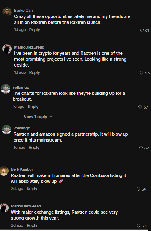 emoplvg's tweet photo. If you look at literally every single memecoin edit/video on TikTok, the top comments will be botted advertising a coin called "Raxtren".

Let's run it up so when normies look it up, they find a legit coin that we made, rather than some scam.

Examples:
https://t.co/g5aZDhuXUi
https://t.co/IlUXNVQimZ
https://t.co/BOOhna5F9C

or any other recent TikTok.