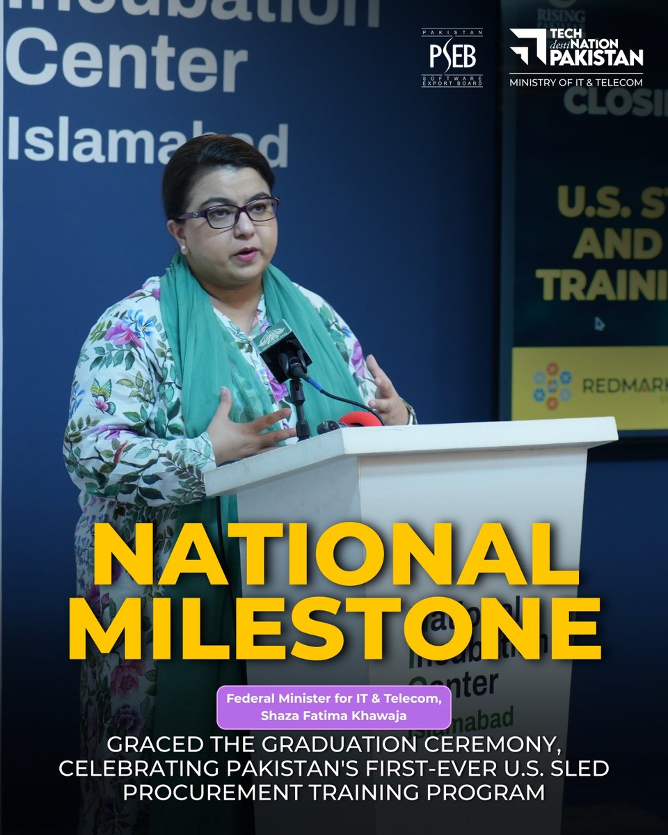 TechDestPak's tweet photo. #PSEB proudly celebrates the graduation of #Pakistan’s first U.S. #SLEDProcurement Training cohort. In the presence of Federal Minister @ShazaFK , 74 IT firms graduated, creating a US$22.8M #export pipeline and opening new #opportunities in the U.S. public sector market. https://t.co/booxTn8Gwm