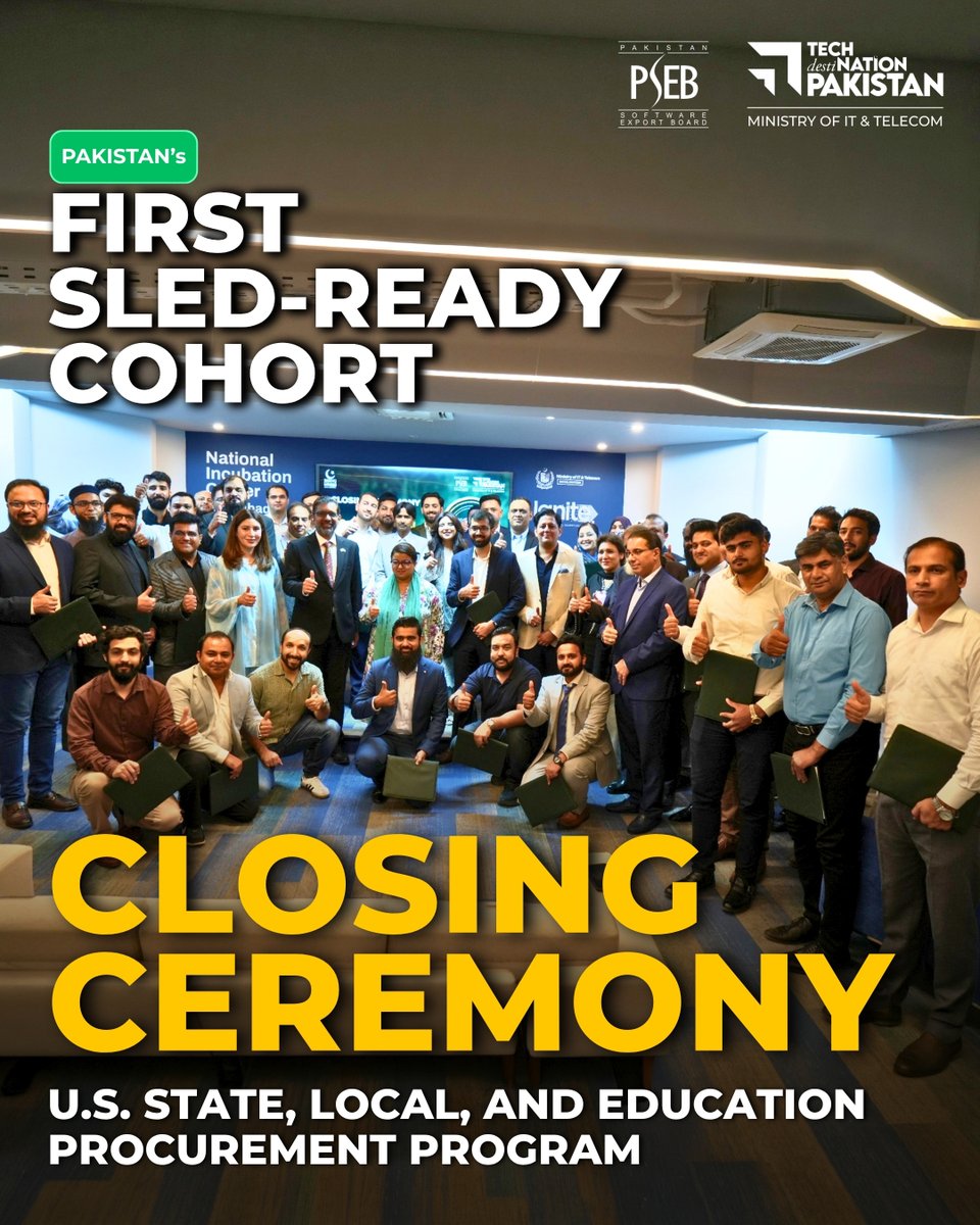 TechDestPak's tweet photo. #PSEB proudly celebrates the graduation of #Pakistan’s first U.S. #SLEDProcurement Training cohort. In the presence of Federal Minister @ShazaFK , 74 IT firms graduated, creating a US$22.8M #export pipeline and opening new #opportunities in the U.S. public sector market. https://t.co/booxTn8Gwm