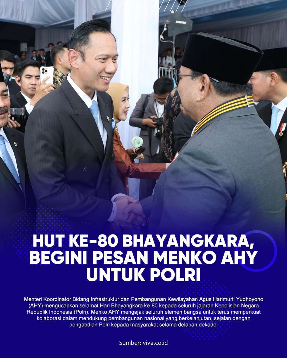 AHY_friend's tweet photo. "Selamat Hari Bhayangkara ke-80. Delapan dekade pengabdian bukan sekadar perjalanan waktu, melainkan harapan masyarakat akan keamanan, ketertiban, dan layanan terbaik dalam kehidupan berbangsa dan bernegara," ujar Menko AHY dalam keterangan resminya, Rabu, 1 Juli 2026. https://t.co/aLW3YXP1A8