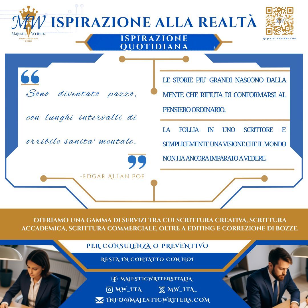 MW_Ita_'s tweet photo. Scrittura creativa, accademica e aziendale. ✨ Editing e revisione per trasformare la tua ispirazione in realtà.
#MajesticWriters #ScritturaCreativa #Editing #Aziendale #Ispirazione https://t.co/BixYuLmjcR