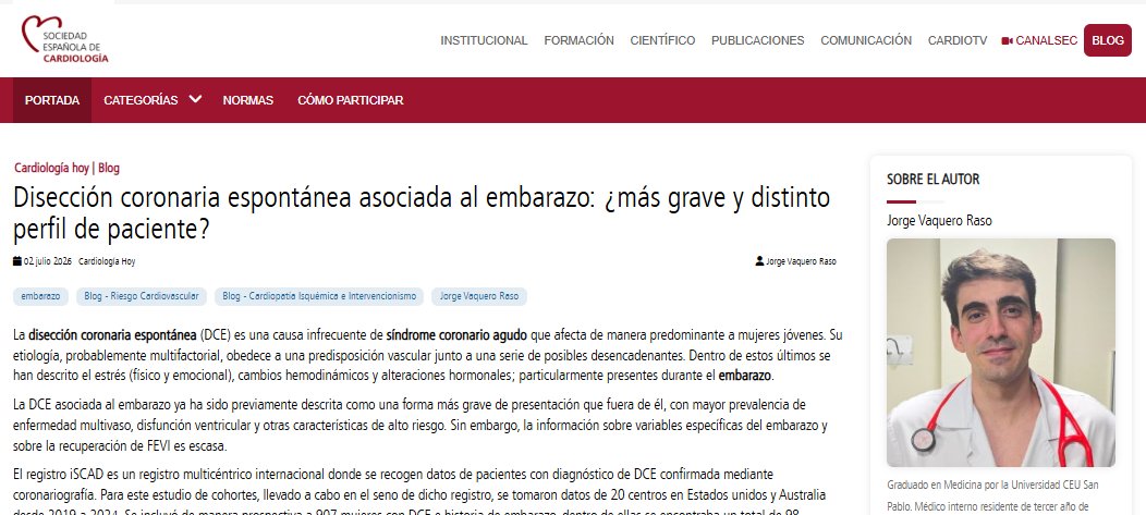 secardiologia's tweet photo. .@jorgvaqu: "Las mujeres con disección coronaria espontánea asociada al embarazo presentan más IAMCEST, más afectación multivaso y peor recuperación de la función ventricular que las que no tienen relación con la gestación". #BlogSEC @jovenesSEC https://t.co/BJ8gd6aaaP https://t.co/clqPva76xl