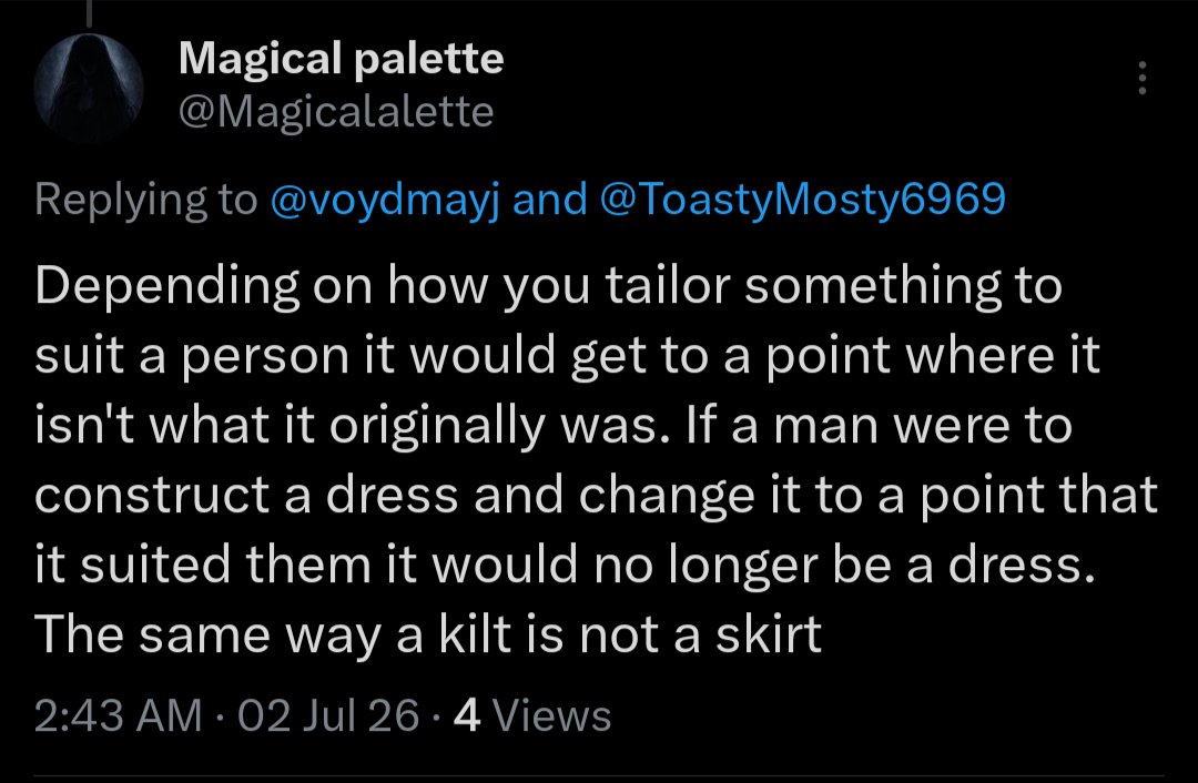 Magicalalette's tweet photo. @voydmayj @ToastyMosty6969 Where did I say tailoring didn't matter? I asked you what is being tailored exactly to make it well suited to a man https://t.co/a7qzUKe6pa