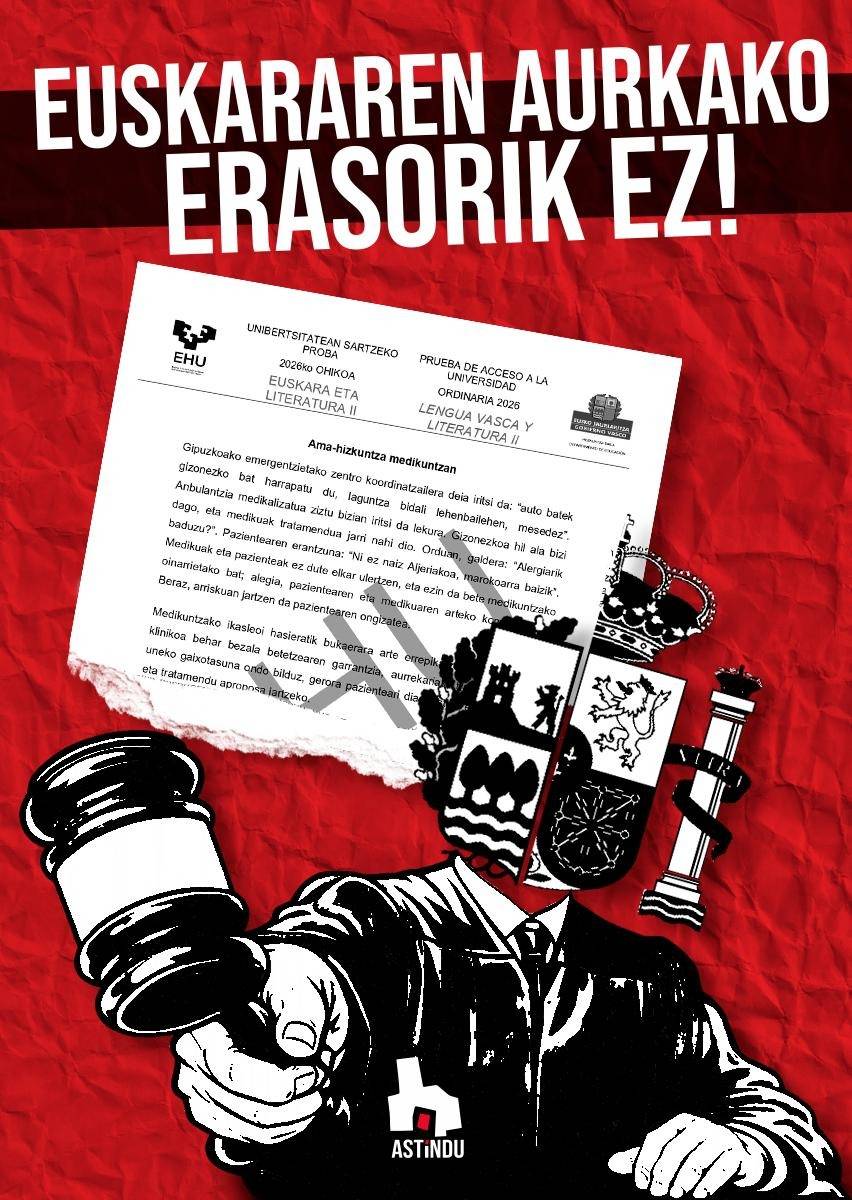 LeioaAstindu's tweet photo. EUSKARAREN AURKAKO ERASORIK EZ!

Euskara defendatzea ez da soilik hizkuntza bat babestea. Euskal Herriak bere hizkuntza sistema propioa eraikitzeko duen eskubidea eta beharra defendatzea da. https://t.co/EUSgz404zL