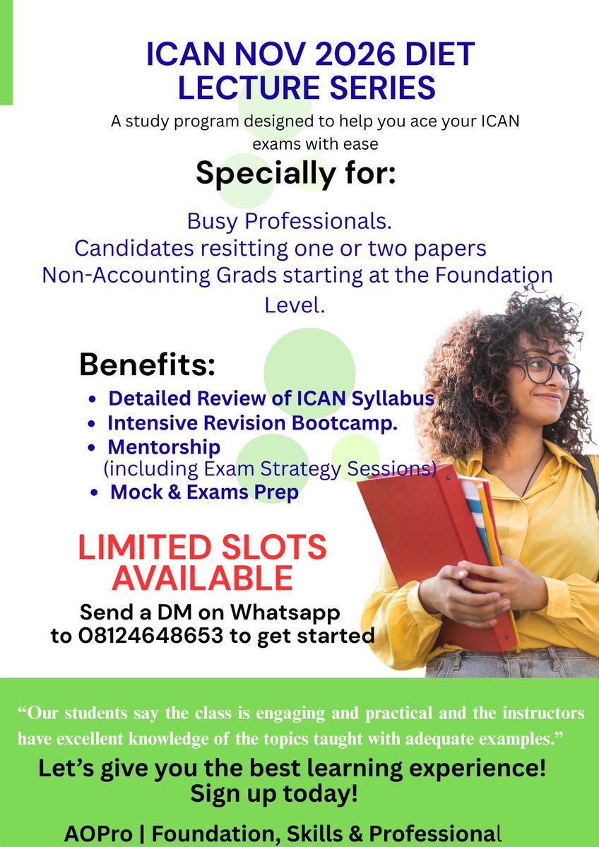 AObilana's tweet photo. This weekend, starting from July 4, cohort 2 can now join the ICAN Nov 2026 diet exam lecture series.  

Dear Busy Professionals, this is for you!  

- Convenience 
- Flexible 

All that you need to manage your use effectively.  

Send a DM on WhatsApp to 08124648653 to get started.