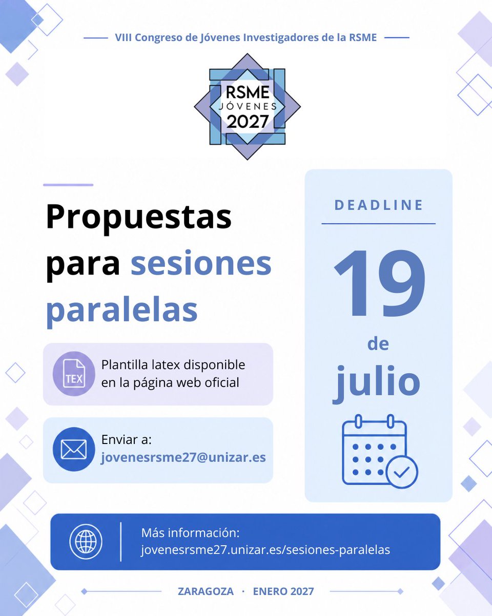 jovenesrsme27's tweet photo. 📣 ¡Últimos días para proponer sesiones paralelas!

El plazo para enviar propuestas al VIII Congreso de Jóvenes Investigadores de la RSME finaliza el 19 de julio.

Consulta las indicaciones y envía tu propuesta en la web del congreso.

🔗 https://t.co/BUttPlXLtR https://t.co/p2P6bfbtyk
