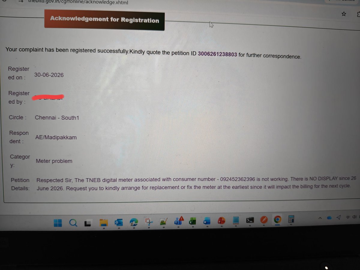 bthru17's tweet photo. No display on domestic meter is since june 2026. Already the reading was taken &amp; I have been charged an average amount.raised a complaint online,still no update or the complaint not attended. Again the next month reading cannot be calculated and I'm at the mercy of TNEB officials https://t.co/SidzfGqOy0