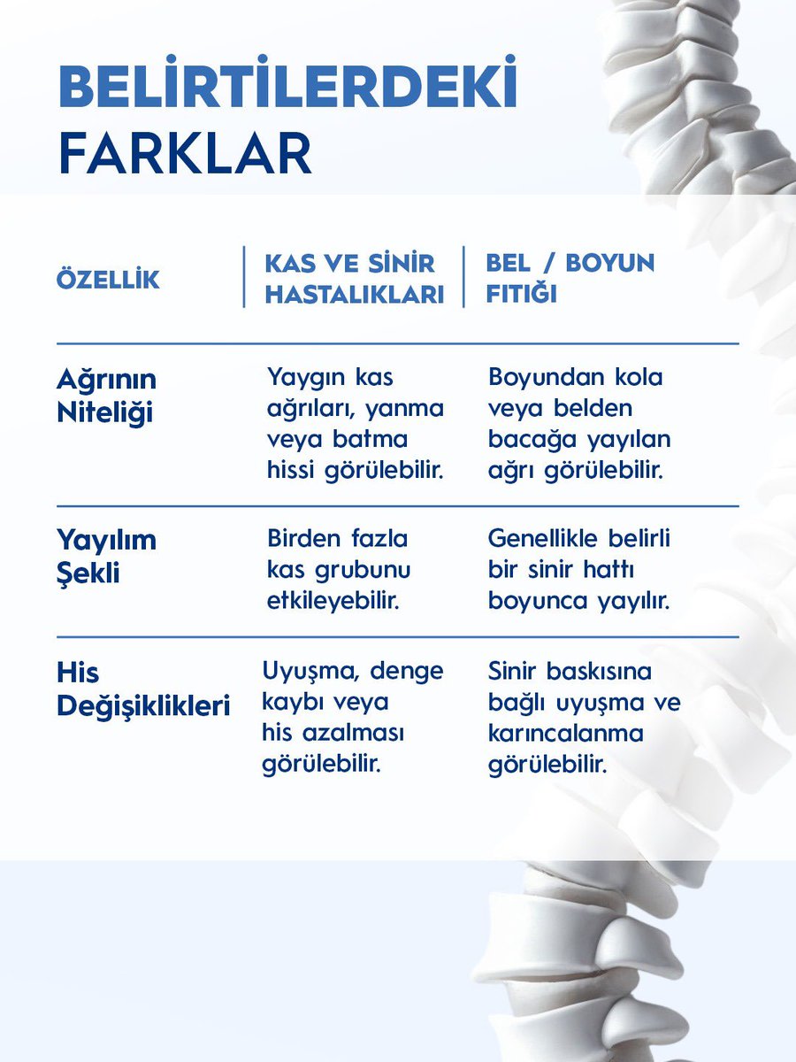 AcibademSaglik's tweet photo. Vücudunuzdaki ağrıların veya güçsüzlüğün nedeni bel ya da boyun fıtığı mı, yoksa kas ve sinir sistemini etkileyen farklı bir sağlık sorunu mu?

Uyuşma, karıncalanma, hareket kısıtlılığı ve kas güçsüzlüğü gibi belirtiler her iki durumda da görülebilir. Ancak ağrının yayılım şekli, eşlik eden bulgular ve günlük yaşama etkileri açısından önemli farklılıklar bulunur.
Benzer belirtiler gösterse de tanı ve tedavi yaklaşımları farklı olan bu iki durum arasındaki temel farkları öğrenmek için görselleri kaydırın. ➡️

Şikayetlerinizin nedeninin doğru şekilde belirlenmesi ve size uygun tedavi planının oluşturulabilmesi için bir uzmana başvurmayı ihmal etmeyin.

Fıtık tedavisinde yenilikçi yöntemlerle ilgili bilgi aşağıdaki linkte.
https://t.co/T8v27QZbf4