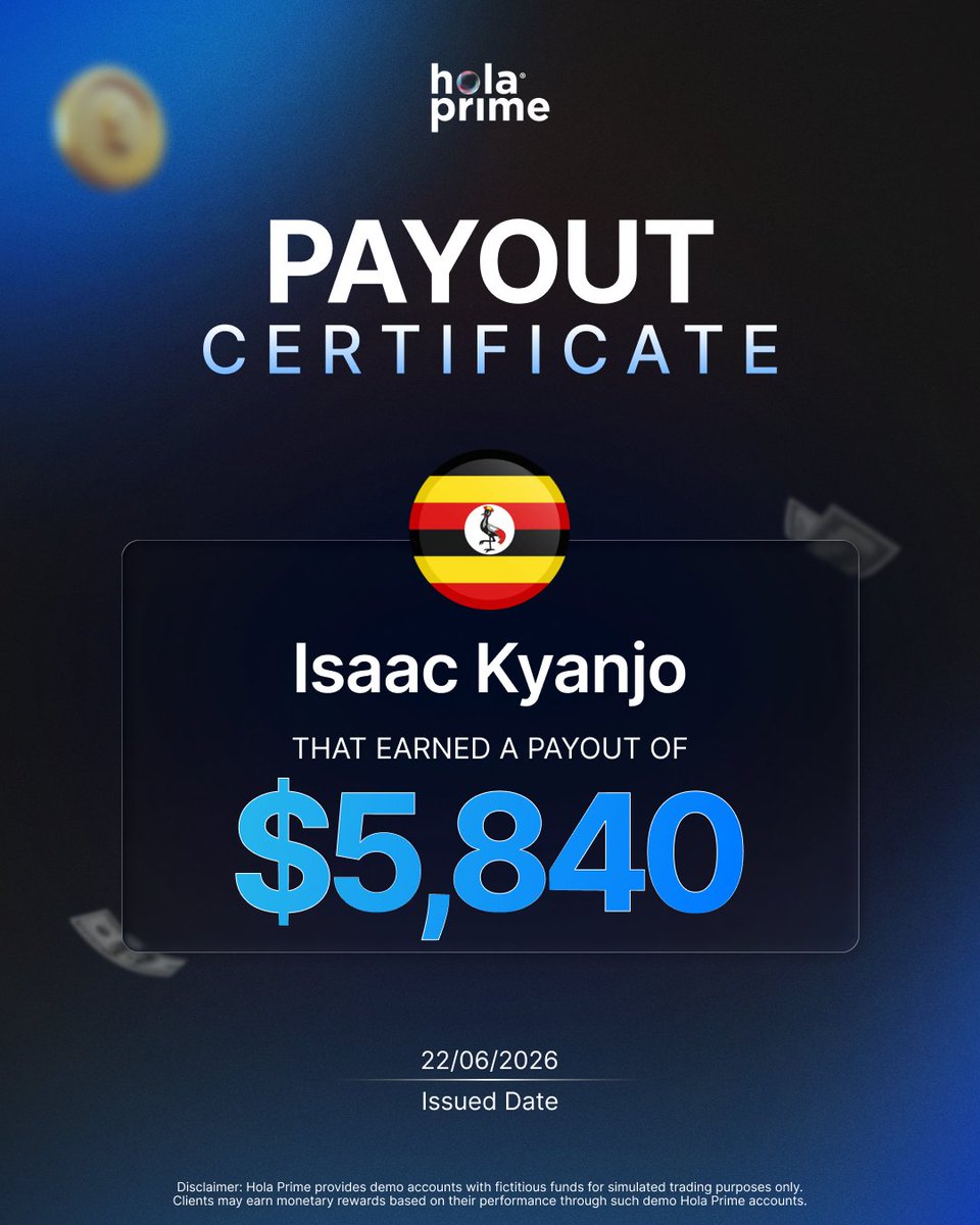 HolaPrimeGlobal's tweet photo. Big wins are built through consistency. 

Congratulations to Isaac Kyanjo on earning a $5,840 Hola Prime payout!

Your discipline is now on the leaderboard, and this is your reminder that the next payout story could be yours.

#HolaPrime #TraderSuccess #PropFirm https://t.co/9VzTO22HJY