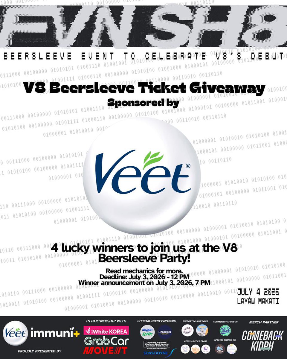 damnmediaph's tweet photo. [VEET] V8 Beersleeve Ticket Giveaway Mechanics 🔥

Brought to you by Veet Philippines, we are giving 4 lucky winners a chance to join us at the V8 Beersleeve Party this July 4, 2026 at Layaw, Poblacion! 💗🖤🤍

Ready to party, dance, and scream the night away? Let’s gooo! 🔥🍻🎶

How to join:

1. Follow @vernonlineph, @8starsph, and @damnmediaph on X.
2. Reply with proof that you are following @veetph on Instagram and have liked/followed their Facebook page.
3. Reply with proof that you are following @damnmediaph on Instagram and have liked and reposted the pinned V8 4. Beersleeve post.
4. When replying, include the following hashtags: #ProjectActiV8 #FVNSH8 #V8Beersleeve #JustVeetIt

Attach 3 photos in total as proof of completion. 📸

1 reply = 1 entry
More entries, more chances of winning! 🔥

Giveaway ends on July 3, 2026 at 12 PM.

Winners will be announced on July 3, 2026 at 7 PM. We will also send the winners a DM.

This giveaway is open to 18+ joiners only. We will cross-check all entries before confirming the winners.