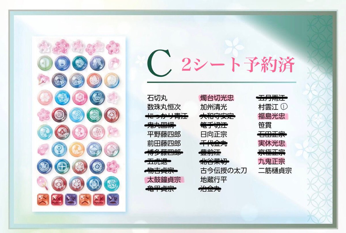 torihiki_but's tweet photo. 【交換】 刀剣乱舞 御伴散歩 ボンボンドロップシール

譲 → 画像参照

求 → 鶴丸 ＞ 雲生 雲次 燭台切 実休 三郎 ＞ 大倶利伽羅 太鼓鐘 火車切 ＞ 福島  九鬼

A・Dを3セット
Cを2セット 予約済みです。

郵送希望(3:3~のみ)/まとめて優先

⬇️ https://t.co/vHmeqbh7Tq