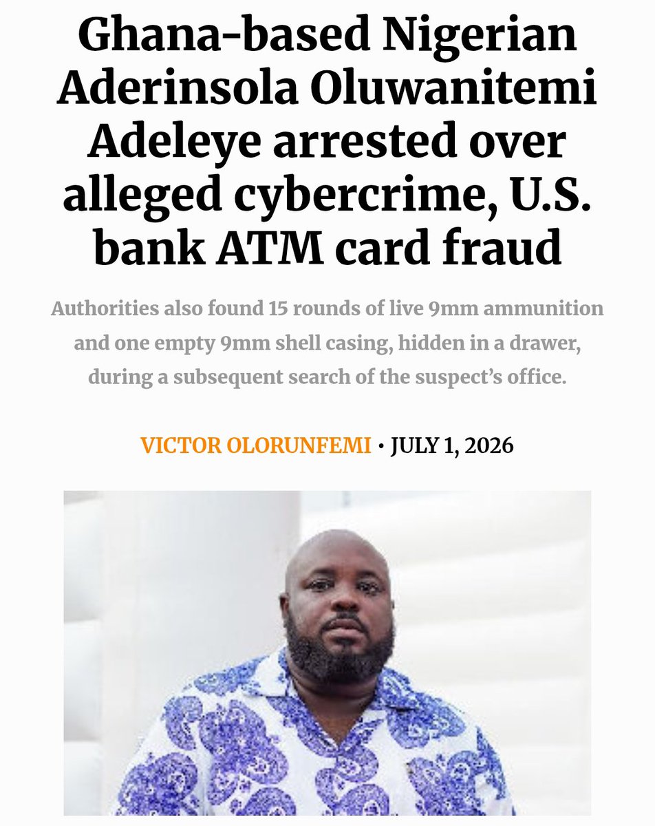 im_Kolins's tweet photo. BREAKING, BREAKING, BREAKING NEWS!

A Y0rugba man from Nigeria, Mr. Aderinsola Oluwanitemi Adeleye has been arrested in Ghana over multiple crimes including fraud and cybercrime.

Guns and bullets were also recovered from his house.

Visit this x handle for daily publications of Y0ruba atroc!ties and cr!mes across the world. 

Thank you. 🤝