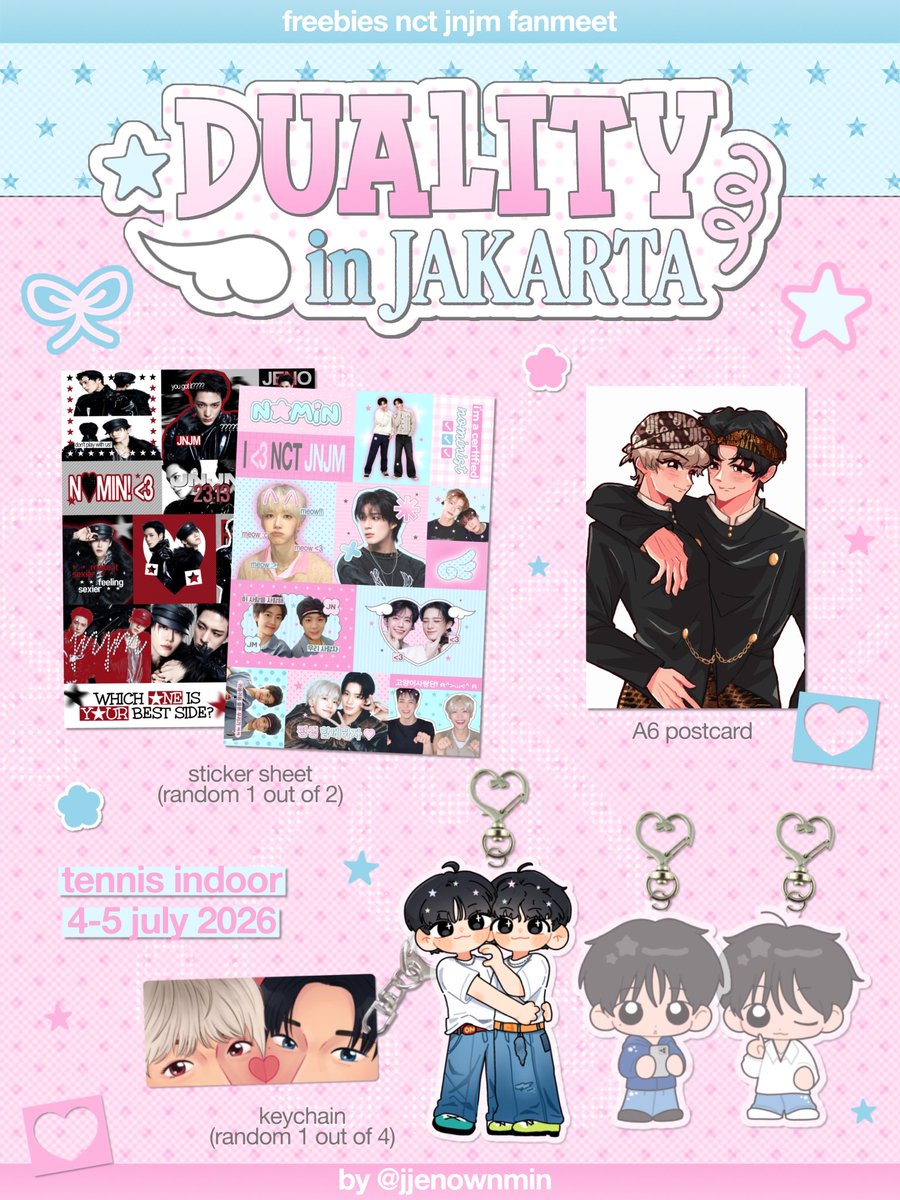 jjenownmin's tweet photo. ּ֯ . ❥ ּ֯ ┆꒰ freebies and street banner NCT JNJM Duality in Jakarta .ᐟ ꒱

by @jjenownmin ⪩. .⪨

⭑ 4 - 5 july 
⭑ tennis indoor senayan 
⭑ freebies only for nominist! (show me your nomin merch) 
⭑ open for trade (selective) 
⭑ kindly tag me if you get my freebies or take a picture on my banner 🥹

rts & likes would be appreciated >⩊<