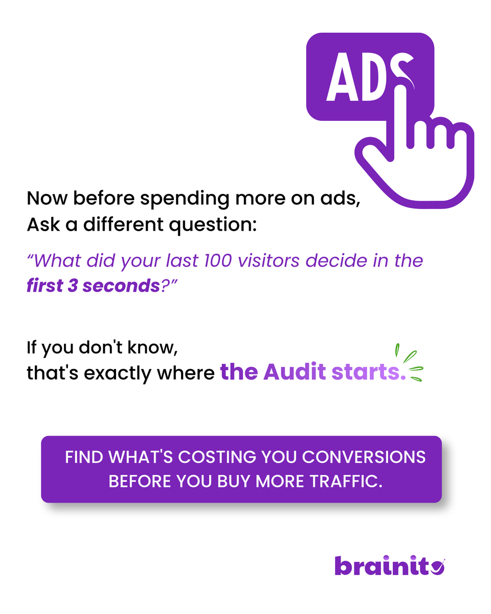 Brainito_com's tweet photo. Your homepage gets judged in 3 seconds.
If visitors can’t instantly understand what you do, who it’s for, and why they should trust you…
They leave.

#Brainito #WebsiteAudit #DigitalMarketing #GrowthMarketing #PerformanceMarketing #BusinessGrowth